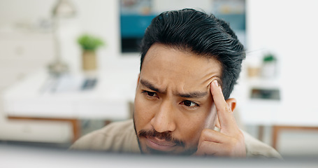 Image showing Computer, headache and face of businessman stress over bad investment, stock market crash or financial economy crisis. Burnout, migraine and crypto trader with forex, bitcoin or NFT trading mistake