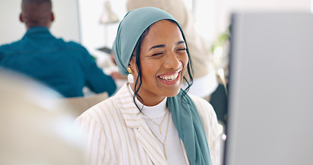 Image showing Video call, computer and laughing Islamic woman talking, speaking and chat to online business contact. Communication, funny conversation and Muslim employee discussion, networking and laugh at joke