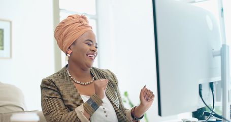 Image showing Black woman, computer and fist celebration in office for success, promotion or winning at desk. Corporate African executive smile, winner celebrate and pc for email, motivation or performance bonus