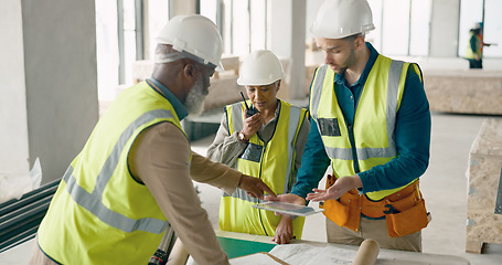 Image showing Teamwork on construction building, people in conversation.with digital innovation and engineering woman on tablet. Architecture contractor planning on blueprint, industrial project and group on site