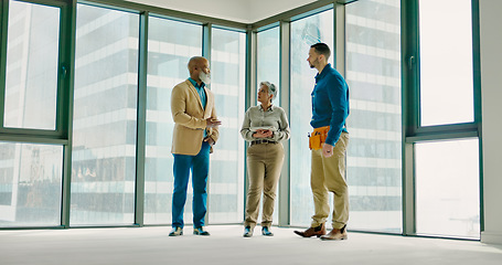 Image showing Teamwork, conversation and talking about building, conversation and speaking about collaboration design..Architect, construction and handyman speaking to managers, about engineer and project layout.