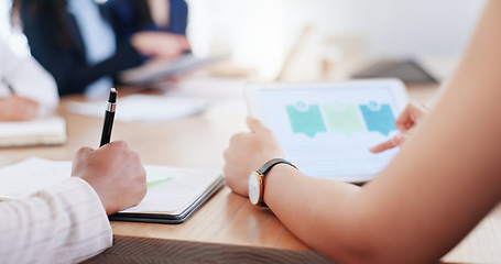 Image showing Meeting, hands and tablet with a business team writing notes while planning in the boardroom. Data, finance and strategy with an employee working in collaboration at the office for growth or success