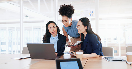 Image showing Business women, laptop and collaboration in office for marketing management, leader innovation or strategy research. Team meeting, employee support and tech manager or leadership idea discussion