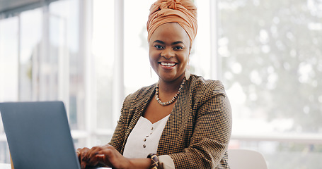 Image showing Portrait, face or black woman in office building with a happy smile working on email marketing online at desk. Human resources, startup or African worker in with motivation, goals or success mindset