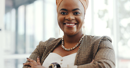 Image showing Portrait, face or black woman in office building with a happy smile working on email marketing online at desk. Human resources, startup or African worker in with motivation, goals or success mindset