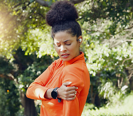 Image showing Woman training accident, arm pain or shoulder problems after a fall, workout or exercise. Health, wellness and fitness with female athlete injured, hurt joint or arthritis and tendon injury.