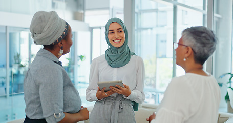 Image showing Business meeting, team and muslim woman with tablet for marketing ideas, b2b networking and communication for diversity, inclusion and equality. Happy employees and manager smile for digital strategy