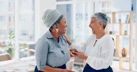 Image showing Business, women and friends with smartphone for social media, connectivity and office. Employee, manager and phone for communication, laughing and connection in workplace, advertising and marketing.