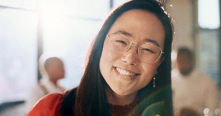 Image showing Face, portrait or woman in a meeting with a happy smile, motivation or growth mindset in an advertising agency. Startup, Asian or creative employee with mission goals, vision or marketing job success