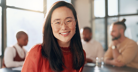Image showing Face, team work or Japanese woman in a meeting planning a advertising strategy for sales growth for a startup. Portrait, happy or employee with pride, marketing experience or our vision for success