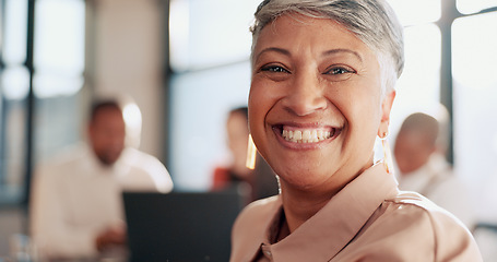 Image showing Face, senior and business woman in meeting with team for collaboration, planning and sharing idea, goal and strategy in office. Portrait, business people and mature leader in a group business meeting