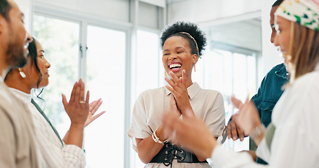 Image showing Business people, diversity and clapping in high five, teamwork or collaboration in company growth, target or global goals. Smile, happy or office applause, winner celebration or success hands gesture