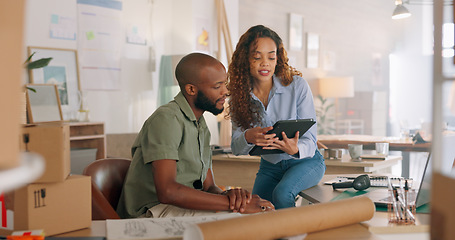 Image showing Training, planning and business people with a tablet for a strategy, collaboration and inspiration on the internet. Creative, young and digital employees talking about a design on the web with notes