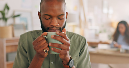 Image showing Man smell coffee, cup and aroma for inspiration while working, design and planning in startup. Creative black man, cafe and fragrance of drink to start morning at graphic design business in Atlanta