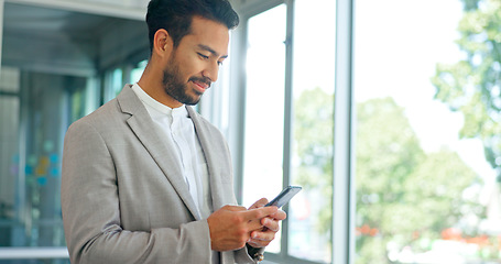 Image showing Businessman, phone and office with celebration, happiness and motivation for good news, winning or promotion. Man, smartphone and winner for esports, stock market or crypto profit on web app at work