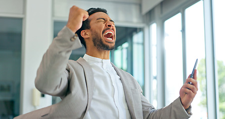 Image showing Success, phone and winner with businessman in office and celebration for deal, growth and stock market target. Wow, goals and good news with fist of employee for achievement, future and sale