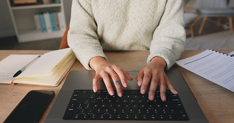 Image showing Laptop, computer and business woman hand typing, writing on notebook for planning, schedule and meeting review. Zoom, hands and strategy analytics for collaboration, research and KPI growth