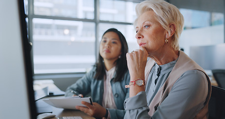 Image showing Business, women and conversation in office, marketing planning and advertising campaign. Females, ceo and employees for sales growth, manager explain system and communication for process and speaking