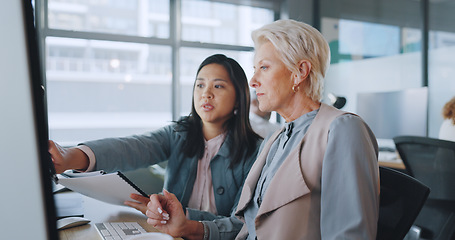 Image showing Business, women and conversation in office, marketing planning and advertising campaign. Females, ceo and employees for sales growth, manager explain system and communication for process and speaking