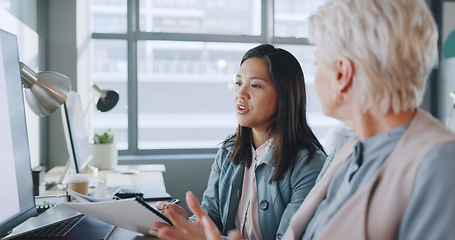 Image showing Business, women and conversation in office, marketing planning and advertising campaign. Females, ceo and employees for sales growth, manager explain system and communication for process and speaking