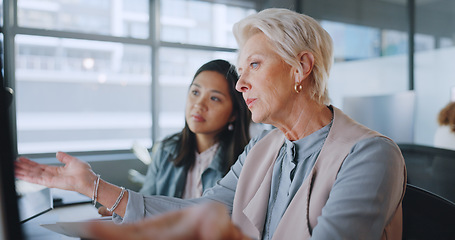 Image showing Business, women and conversation in office, marketing planning and advertising campaign. Females, ceo and employees for sales growth, manager explain system and communication for process and speaking