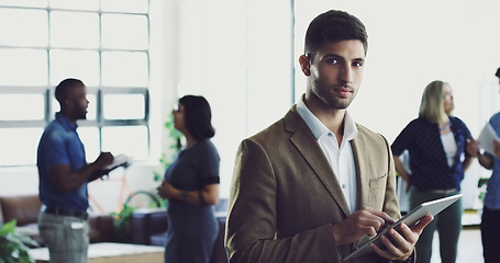 Image showing Tablet, portrait or serious businessman for invest schedule, calendar or stock market trading management. Finance worker or employee face on tech for networking budget planning or crypto software app