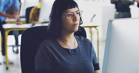 Image showing Thinking, planning and computer with business woman in office for designer, idea and email. Technology, internet and creative with employee typing in digital agency startup for data, vision and focus