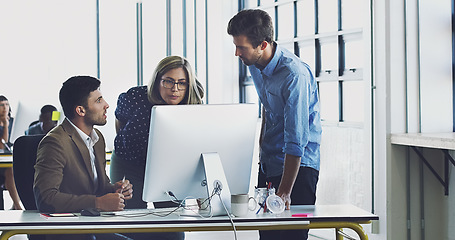 Image showing Collaboration, management and team working together on a web design at a startup company office using internet. Group, teamwork and business people using computer for developers of idea