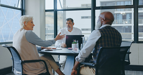 Image showing Business people, laptop or documents in diversity meeting for company financial planning, investment strategy or insurance ideas. Smile, happy or talking finance workers with fintech technology paper