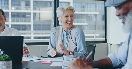 Image showing Senior woman, leadership and business meeting, creativity collaboration and happy teamwork discussion in modern office. Marketing team, mature woman and laughing for presentation or management plan