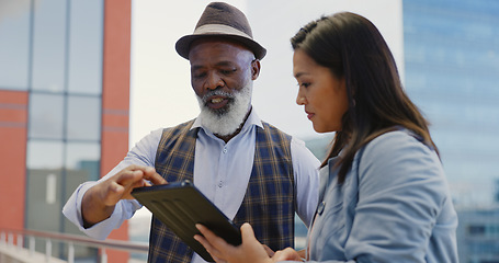 Image showing Tablet, team work or ceo and employee on rooftop planning a SEO strategy for online content marketing in a digital agency. Leadership, senior black man or mentor talking or speaking of business goals