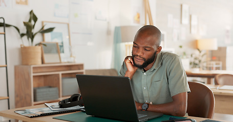 Image showing Email, phone and businessman working, planning and in communication with people on the internet at work. African manager, worker or employee typing on a laptop and reading on a mobile in an office