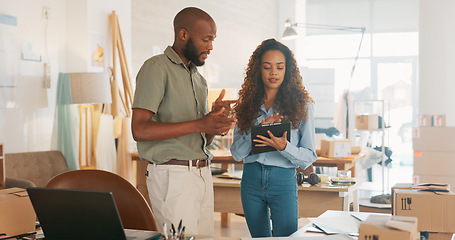 Image showing Teamwork, business people or working on tablet planning, collaboration or marketing SEO analytics in office. Tech, employees or manager consulting employee on research, web design or data analysis