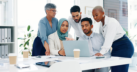 Image showing Data analysis, diversity or business people in meeting for advertising strategy, web SEO growth or research. Teamwork, happy or manager on tech planning, social media or networking in office building