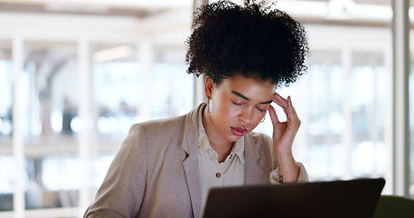 Image showing Mental health, stress and black woman with headache in office on laptop working on report, project and deadline. Corporate burnout, migraine pain and female worker tired, frustrated and depressed