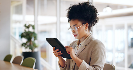 Image showing Tablet, black woman and business marketing, social media update or networking with smile. Website, company blog or online communication, office worker with glasses smile for digital strategy success