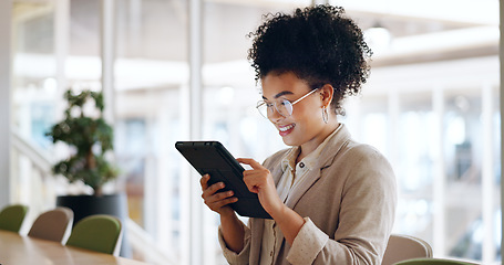 Image showing Tablet, black woman and business marketing, social media update or networking with smile. Website, company blog or online communication, office worker with glasses smile for digital strategy success