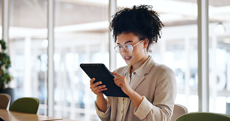 Image showing Tablet, black woman and business marketing, social media update or networking with smile. Website, company blog or online communication, office worker with glasses smile for digital strategy success