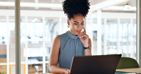 Image showing Thinking, laptop and business woman in the office doing research online for a corporate project. Technology, ideas and professional female employee from Mexico working on a report in the workplace.