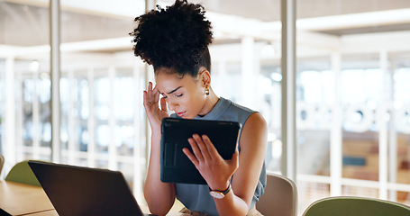 Image showing Headache, tablet and business woman with burnout, anxiety and stress about work. Black woman, tired and fatigue of a office employee with mental health problem from online report and digital audit