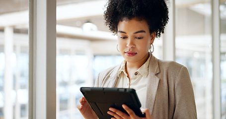 Image showing Business woman, tablet and face with success and leadership, technology and corporate communication. Email, networking and digital marketing with seo, black woman executive in professional portrait