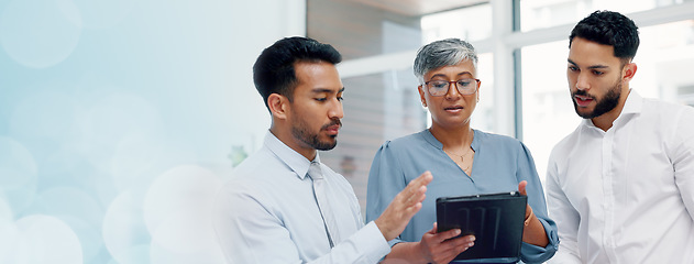 Image showing Tablet, collaboration or business people for teamwork in office building for marketing strategy, web SEO growth or research. Meeting, happy or manager on tech planning, social media or network blog