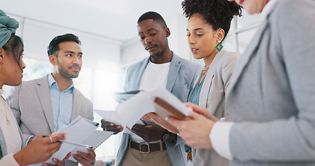 Image showing Business people, communication and collaboration with corporate documents, diversity and discussion about marketing strategy. Folder, tablet and report with business data and planning team at office.