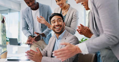 Image showing Businessman, team support and thank you with applause for success, celebrate and congratulations with diversity. Solidarity in workplace with respect, promotion bonus and business people community.