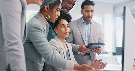 Image showing Computer, team work or woman with help from business people and working on a digital marketing SEO strategy. Collaboration, question or senior manager in a meeting with employees at a digital agency