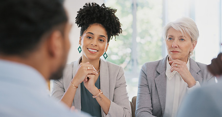 Image showing Business people, teamwork and discussion in meeting in office boardroom. Company, planning and group collaboration of employees brainstorming sales, advertising or marketing strategy in workplace.