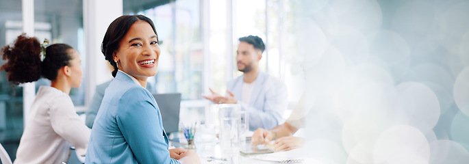 Image showing Happy business woman, portrait or internship in office meeting, boardroom training or diversity teamwork collaboration. Smile, corporate or opportunity in global finance company or strategy planning