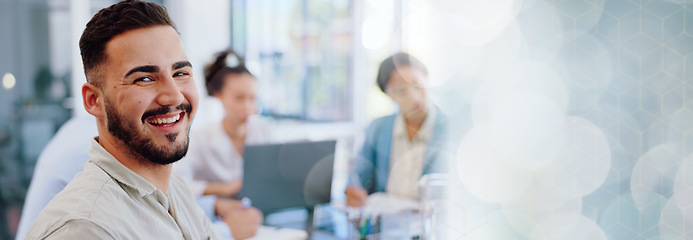 Image showing Happy businessman, portrait or internship in office meeting, boardroom training or diversity teamwork collaboration. Smile, corporate or new opportunity worker in global finance company for planning