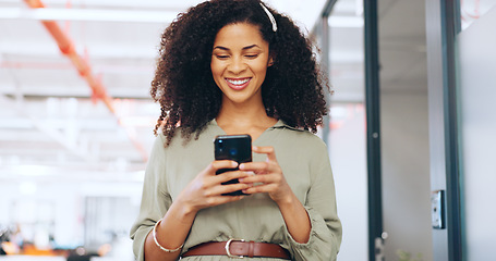 Image showing Business phone, office and black woman in smile for networking, online negotiation or email communication feedback on sales. Happy corporate employee using phone or smartphone mobile app in workspace