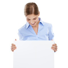 Image showing Banner, poster and a business woman with advertising space, billboard or mockup for brand logo. Female with announcement, product placement or signage for marketing isolated on white background